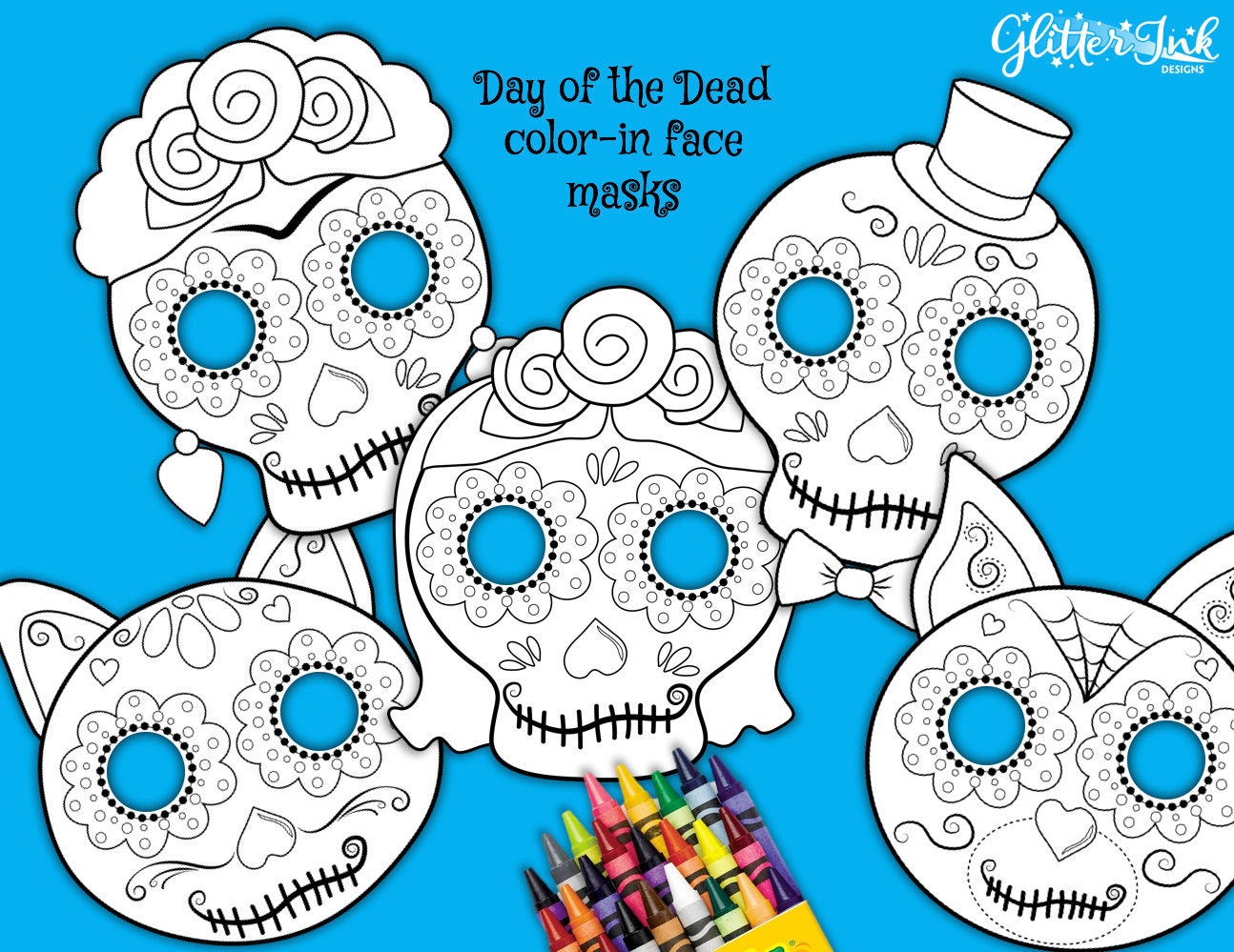 6 Halloween sugar skull DAY OF THE DEAD masks on stick Party Favor Dia Muertos 