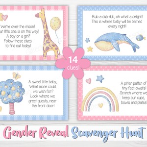 Gender reveal speurtocht-aanwijzingskaarten voor babyshower-partygames, aquarel applique teddybeer afdrukbare schattenjacht-aanwijzingen afbeelding 3