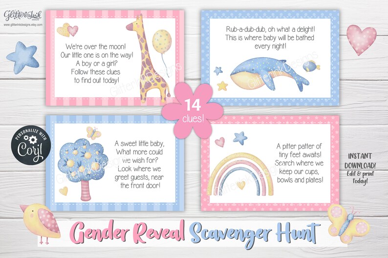 Gender reveal speurtocht-aanwijzingskaarten voor babyshower-partygames, aquarel applique teddybeer afdrukbare schattenjacht-aanwijzingen afbeelding 3