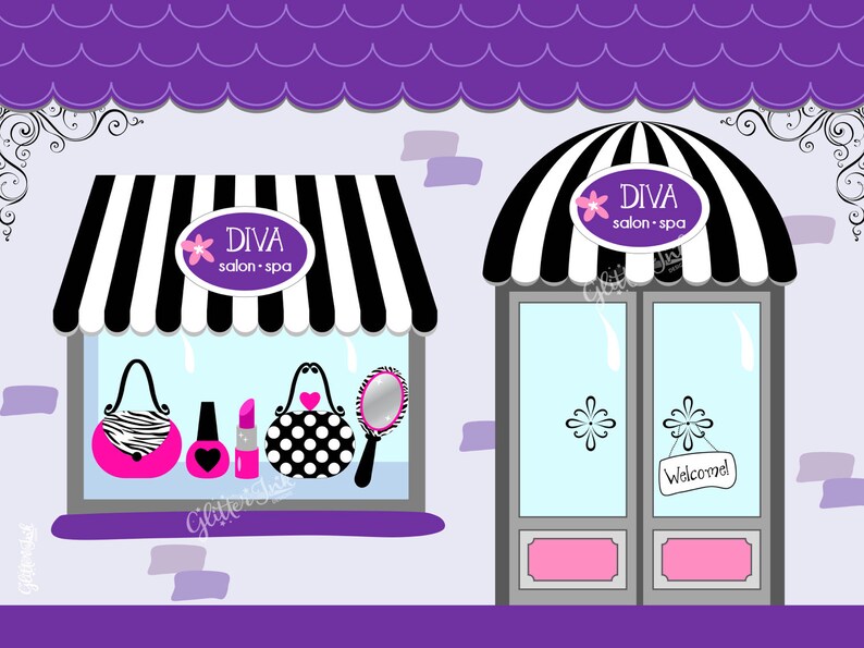 Chic boutique diva glam spa party printable poster dessert table backdrop photo prop wall art Paris fashion salon purple black fuchsia