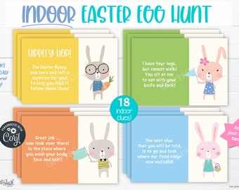 Indoor Easter scavenger hunt for kids / Easter egg hunt clues / Printable Easter treasure hunt clue cards / Easter bunny hunt activity