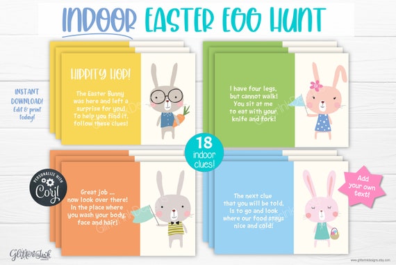 Indoor Easter scavenger hunt for kids / Easter egg hunt clues / Printable Easter treasure hunt clue cards / Easter bunny hunt activity Il_570xn