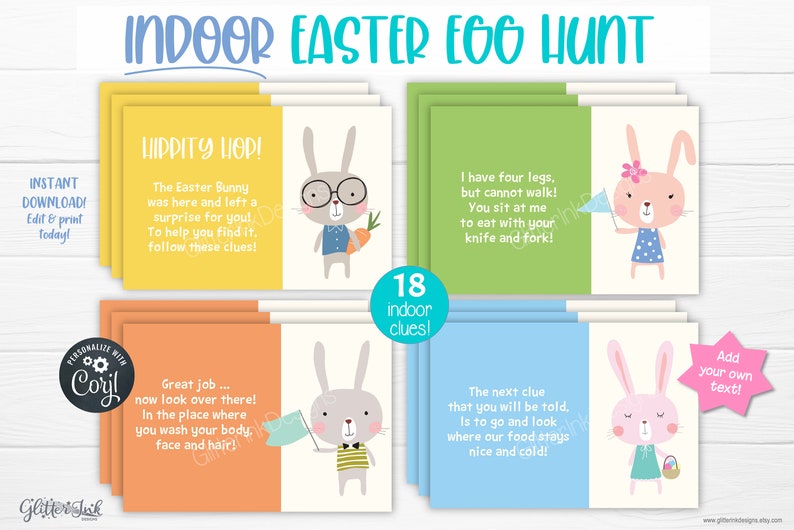 K&ouml;nnte beinhalten: Bunte Ostereiersuche-Karten mit Hasenillustrationen und Hinweisen. Die Karten sind in verschiedenen Farben, darunter Gelb, Gr&uuml;n, Orange und Blau. Auf den Karten steht "Indoor Easter Egg Hunt" und "Instant Download! Edit & print Today!"