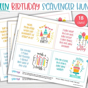 May include: A printable scavenger hunt for a teen birthday party. The colourful cards feature riddles with birthday themes like candles, balloons, and a cake. The text on the cards reads "Let's Party!" and "Make a Wish".