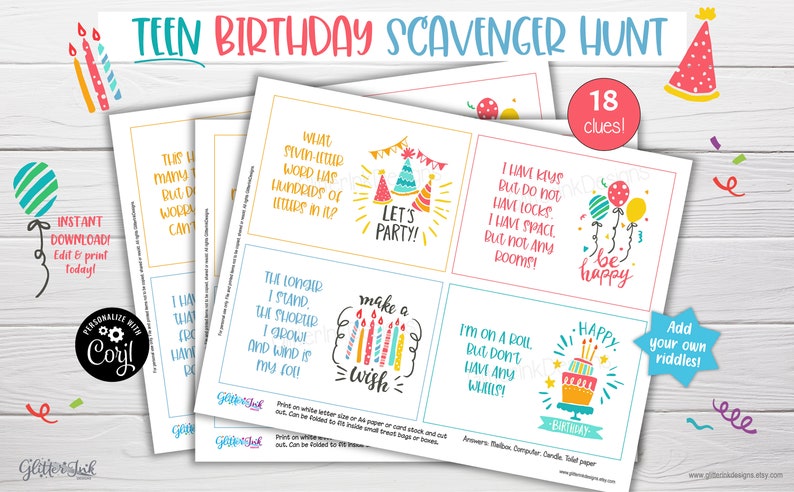 May include: A printable scavenger hunt for a teen birthday party. The colourful cards feature riddles with birthday themes like candles, balloons, and a cake. The text on the cards reads "Let's Party!" and "Make a Wish".
