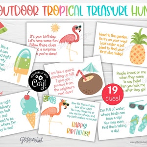 Tropical party kids treasure hunt clues / Pineapple flamingo party watermelon birthday outdoor scavenger hunt printable clue cards