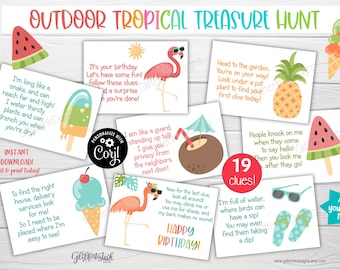 Tropical party kids treasure hunt clues / Pineapple flamingo party watermelon birthday outdoor scavenger hunt printable clue cards