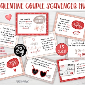 May include: A set of 15 printable Valentine's Day scavenger hunt cards with red and pink hearts and a pink and white background. The cards have text that says "More love", "I am thankful for your affection", "Hanging out with you is so much fun", "You make my heart smile", "You're always there for me", "I'm sending your way lots of hugs and kisses", "Yes light up whenever you're near", "Be mine! Will you be my Valentine?", "Special Delivery", "Happy Valentine's Day!", "Only together", "You are my love", "15 clues!", "Personalized with Cory!" and "Perfect Pair!"