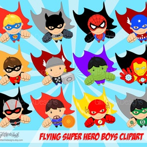 May include: Clip art image of 10 flying superhero boys. Each boy is wearing a different superhero costume and has a unique expression. The boys are flying against a blue and white striped background. The text "FLYING SUPER HERO BOYS CLIPART" is at the bottom of the image.