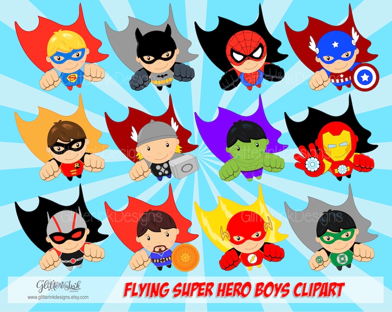 May include: Clip art image of 10 flying superhero boys. Each boy is wearing a different superhero costume and has a unique expression. The boys are flying against a blue and white striped background. The text "FLYING SUPER HERO BOYS CLIPART" is at the bottom of the image.