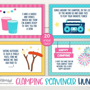 May include: A set of 20 printable cards for a glamping scavenger hunt. The cards are colourful and feature illustrations of camping-themed items, such as a campfire, a hot dog, and a radio. The text on the cards includes clues for the scavenger hunt, such as "I have a saddle and spokes which are thin! I'm always ready to take you for a spin!" and "Songs around the campfire, in the light of the moon! Go and grab this to play your favourite tunes!"
