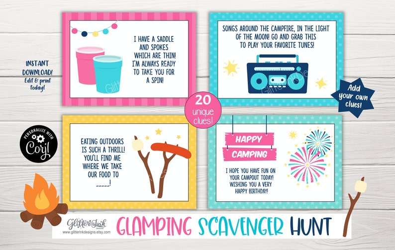 May include: A set of 20 printable cards for a glamping scavenger hunt. The cards are colourful and feature illustrations of camping-themed items, such as a campfire, a hot dog, and a radio. The text on the cards includes clues for the scavenger hunt, such as "I have a saddle and spokes which are thin! I'm always ready to take you for a spin!" and "Songs around the campfire, in the light of the moon! Go and grab this to play your favourite tunes!"
