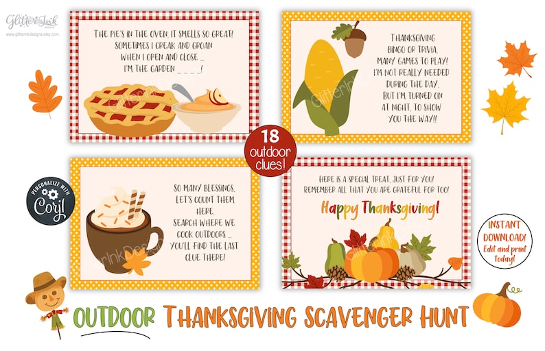 Outdoor Thanksgiving Scavenger Hunt Clue Cards, Printable Turkey Hunt ...