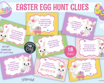 Puede incluir: 18 tarjetas de pistas de búsqueda de huevos de Pascua imprimibles con una linda ilustración de un conejito. Las tarjetas son rosadas, moradas, verdes y amarillas con lunares blancos. El texto en las tarjetas dice "Easter Egg Hunt Clues".