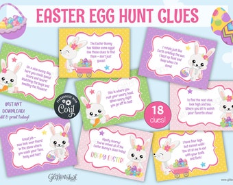 Easter egg hunt clues / Easter scavenger hunt clue cards / Easter treasure hunt activity for kids / Easter bunny hunt printable