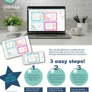 May include: A digital screen displaying a design template for a baby shower invitation. The template features a pink and blue color scheme with a cartoon baby. The text on the screen reads "It's a girl!" and "It's a boy!" The image also includes a laptop computer, a smartphone, and a white star with the number "1" inside. The text "Edit, Download and Print Today" is at the top of the image.