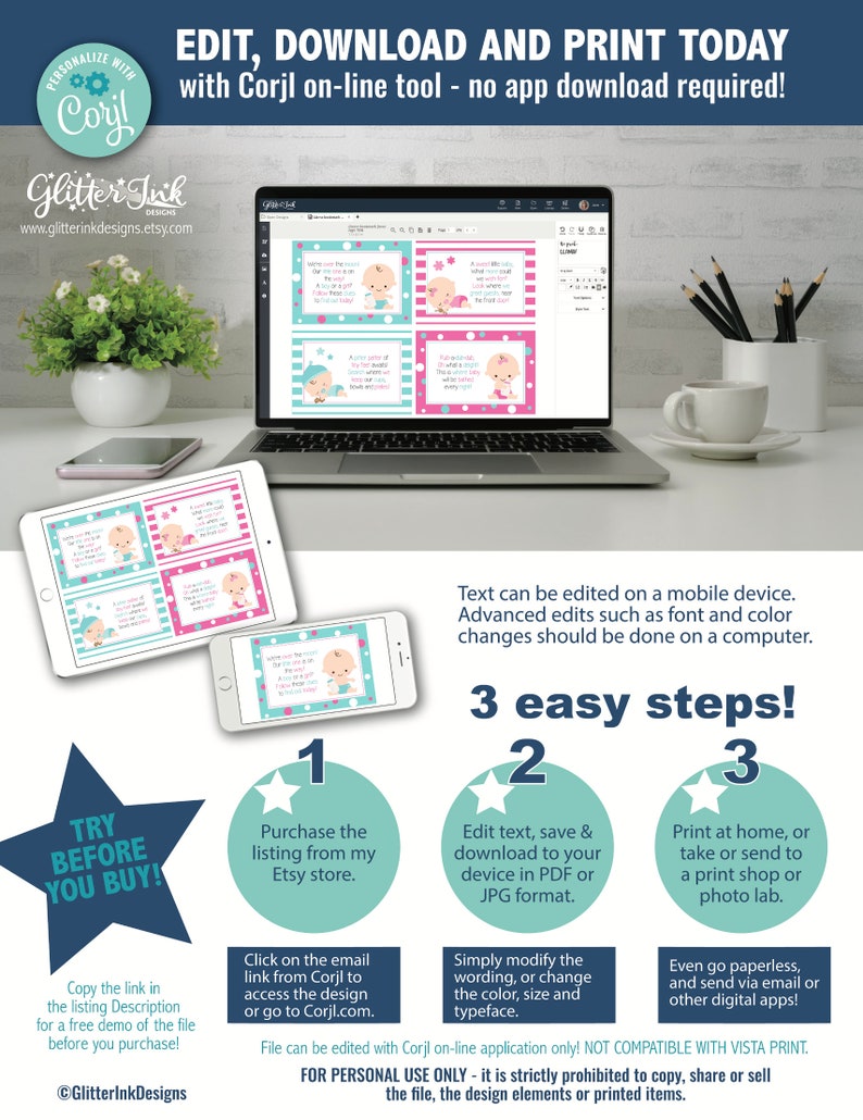 May include: A digital screen displaying a design template for a baby shower invitation. The template features a pink and blue color scheme with a cartoon baby. The text on the screen reads "It's a girl!" and "It's a boy!" The image also includes a laptop computer, a smartphone, and a white star with the number "1" inside. The text "Edit, Download and Print Today" is at the top of the image.