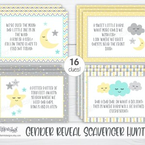 Gender reveal scavenger hunt clue cards for baby shower party games, Neutral nursery printable treasure hunt clues image 8