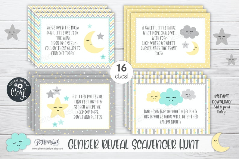 Gender reveal scavenger hunt clue cards for baby shower party games, Neutral nursery printable treasure hunt clues image 8