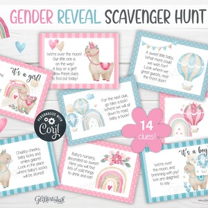 Tarjetas con pistas para la búsqueda del tesoro con revelación de género para juegos de fiesta de baby shower, pistas de búsqueda del tesoro con llamas para imprimir