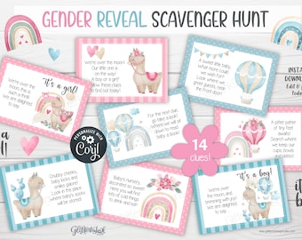 Gender reveal scavenger hunt clue cards / Gender reveal treasure hunt clues / Llama rainbow balloon baby shower scavenger hunt party games