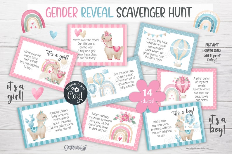 Geschlecht enthüllen Schatzsuche Hinweiskarten für Babyparty-Partyspiele, druckbare Schatzsuche-Hinweise für Lama Bild 1