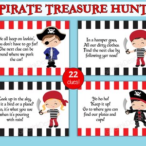 Peut inclure: Un ensemble de 22 indices de chasse au tr&eacute;sor de pirate imprimables avec des illustrations de pirates. Les indices sont &eacute;crits en rimes et incluent des phrases comme "Ye all keep on lookin'" et "Yo ho ho! Keep it up!"