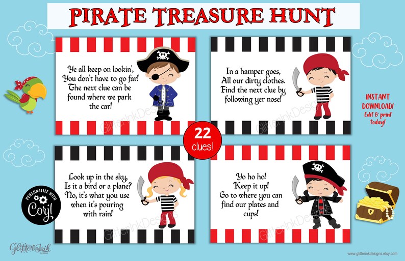 Peut inclure: Un ensemble de 22 indices de chasse au tr&eacute;sor de pirate imprimables avec des illustrations de pirates. Les indices sont &eacute;crits en rimes et incluent des phrases comme "Ye all keep on lookin'" et "Yo ho ho! Keep it up!"