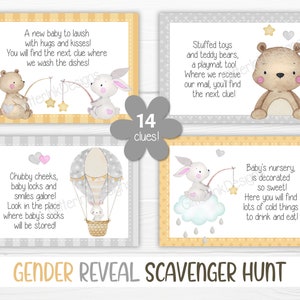 Gender reveal scavenger hunt clue cards for baby shower party games, Neutral nursery printable treasure hunt clues image 5
