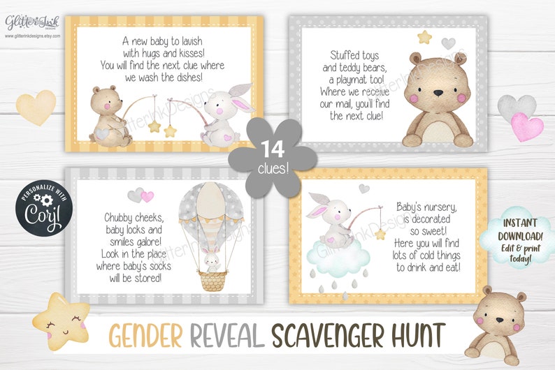 Gender reveal scavenger hunt clue cards for baby shower party games, Neutral nursery printable treasure hunt clues image 5