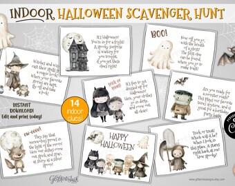 Indoor Halloween scavenger hunt for kids, Spooky printable treasure hunt clues, Cute and creepy Halloween party games