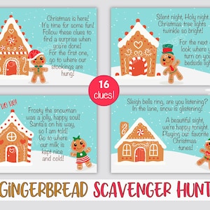 Gingerbread Christmas scavenger hunt clue cards, Printable treasure hunt clues for kids and family party games image 5