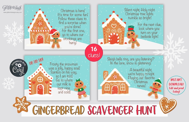 Gingerbread Christmas scavenger hunt clue cards, Printable treasure hunt clues for kids and family party games image 5