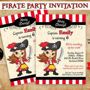 Girl Pirate party printable invitation / Pirate birthday invitation / Editable invite light brown hair brown eyes digital download Corjl