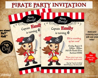 Girl Pirate party printable invitation / Pirate birthday invitation / Editable invite light brown hair brown eyes digital download Corjl