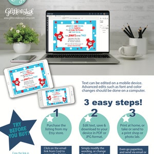 May include: A digital download for a printable invitation for a baby shower. The invitation features a red and blue design with a baby onesie and the text "Join us for a baby shower on yes, please do! It'll be double the trouble and twice the fun! 'Cause Jenna's having two!"