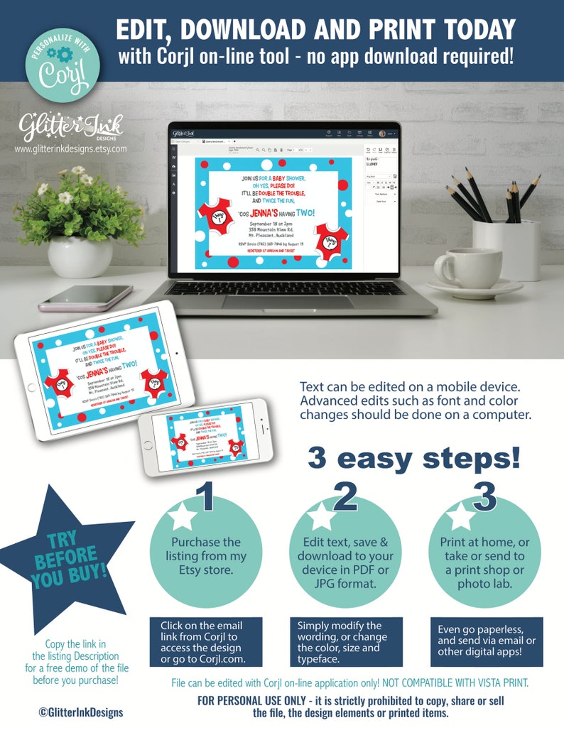 May include: A digital download for a printable invitation for a baby shower. The invitation features a red and blue design with a baby onesie and the text "Join us for a baby shower on yes, please do! It'll be double the trouble and twice the fun! 'Cause Jenna's having two!"