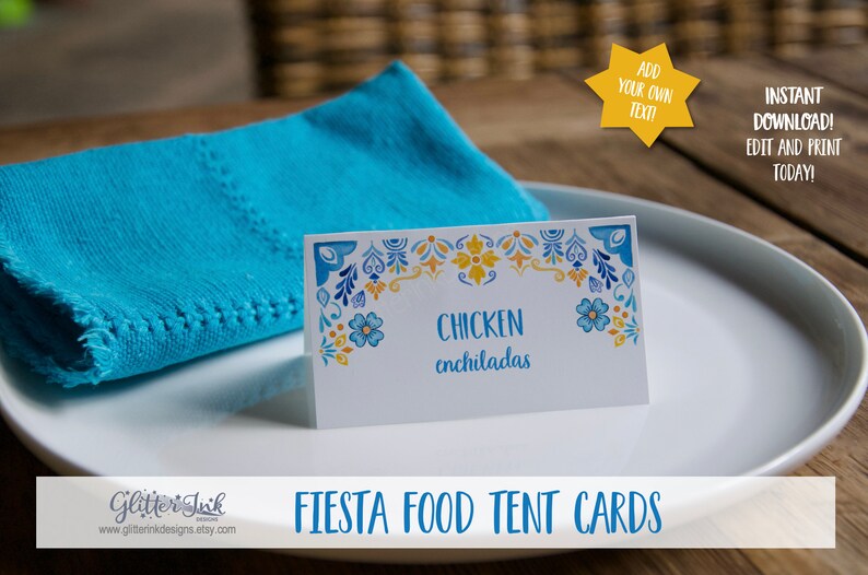 Mexican fiesta food tent cards / Cinco de mayo decorations / Mexican theme party fiesta bridal shower / Mexican tile printable name cards image 4