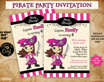 Girl Pirate party printable invitation / Pink pirate birthday invitation / Editable invite dark brown hair green eyes instant download Corjl