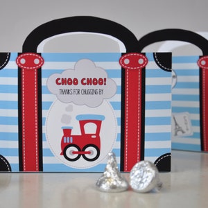 Train Party Suitcase Favor box - blue red and black pdf printable travel luggage baggage party favor box