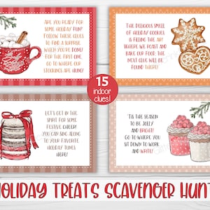 Pode incluir: Um conjunto de 15 cart&otilde;es imprim&iacute;veis para uma ca&ccedil;a ao tesouro de Natal. Os cart&otilde;es apresentam ilustra&ccedil;&otilde;es festivas de biscoitos, chocolate quente e outras guloseimas de Natal. O texto nos cart&otilde;es inclui pistas para a ca&ccedil;a ao tesouro, como "O delicioso cheiro de biscoitos de Natal est&aacute; no ar! Onde assamos e cozinhamos nossa comida, a pr&oacute;xima pista estar&aacute; l&aacute;!"