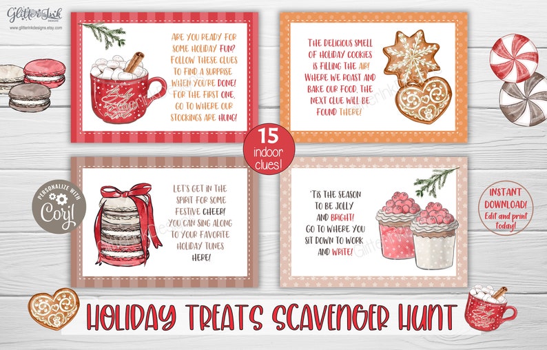 Pode incluir: Um conjunto de 15 cart&otilde;es imprim&iacute;veis para uma ca&ccedil;a ao tesouro de Natal. Os cart&otilde;es apresentam ilustra&ccedil;&otilde;es festivas de biscoitos, chocolate quente e outras guloseimas de Natal. O texto nos cart&otilde;es inclui pistas para a ca&ccedil;a ao tesouro, como "O delicioso cheiro de biscoitos de Natal est&aacute; no ar! Onde assamos e cozinhamos nossa comida, a pr&oacute;xima pista estar&aacute; l&aacute;!"