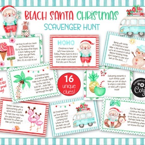 Tarjetas con pistas para la búsqueda del tesoro navideña de verano con Papá Noel en la playa / Pistas para la búsqueda del tesoro para niños en Navidad en julio / Juegos de fiesta imprimibles para las vacaciones de verano