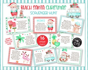 Beach Santa Summer Christmas scavenger hunt clue cards / Christmas in July kids treasure hunt clues / Summer vacation printable party games