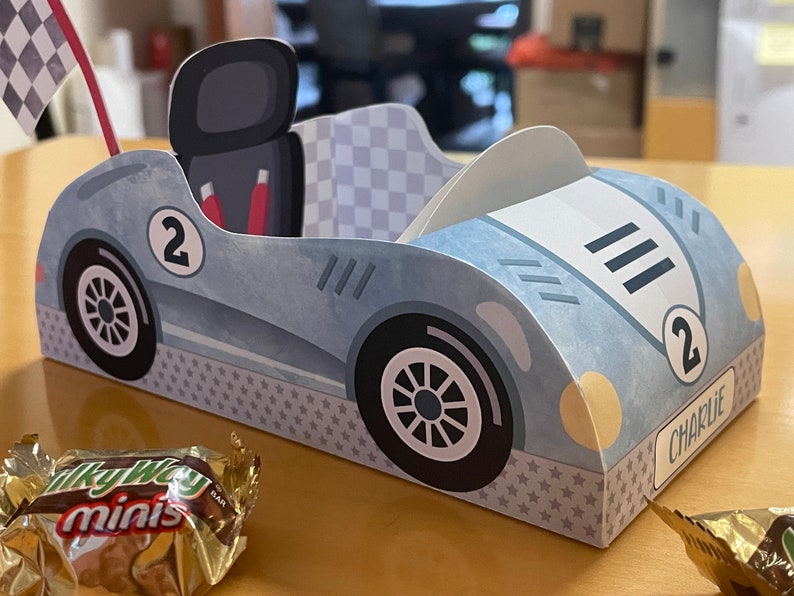 Race car birthday printable favor box / Papercraft racing car candy treat box / Two fast party favors / Racing party paper toy centerpiece image 3