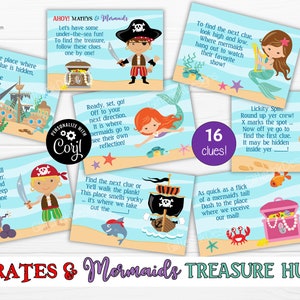 Mermaid and pirate treasure hunt / Mermaid party scavenger hunt clue cards / Pirate party treasure chest hunt clues / Party games for kids image 3