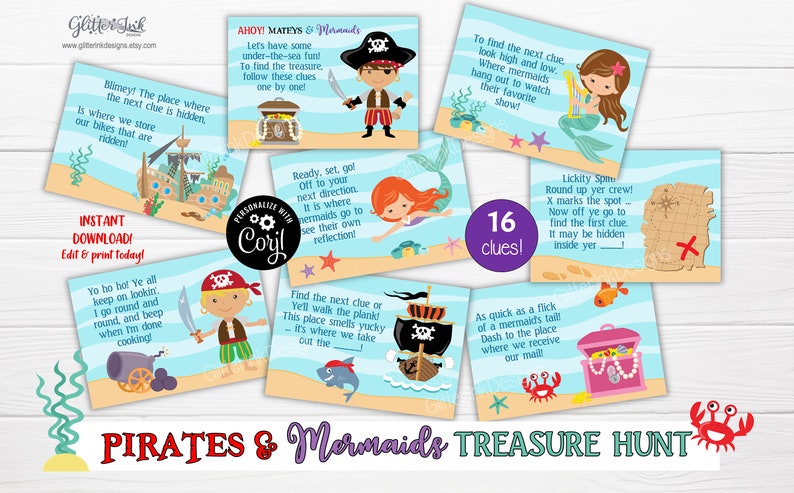 Mermaid and pirate treasure hunt / Mermaid party scavenger hunt clue cards / Pirate party treasure chest hunt clues / Party games for kids image 3