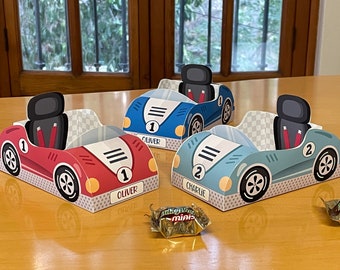 3 Race car birthday printable favor box templates / Papercraft racing car candy treat box / Two fast party favors / Racing party snack box