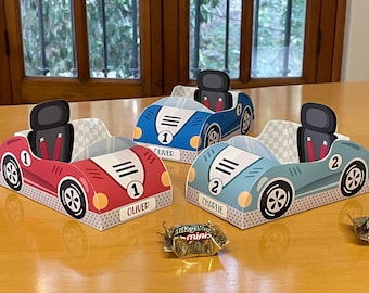3 DIY TEMPLATES Two fast birthday race car party favors treat box, Printable Papercraft racing theme candy favor boxes paper toy centerpiece