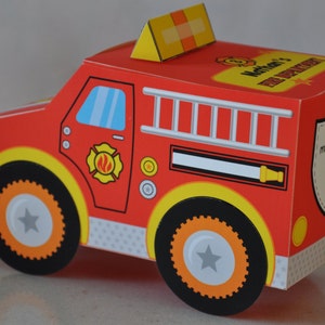 Firefighter printable favor box, Editable fire engine birthday party favors, Papercraft truck centerpiece treat boxes - digital download